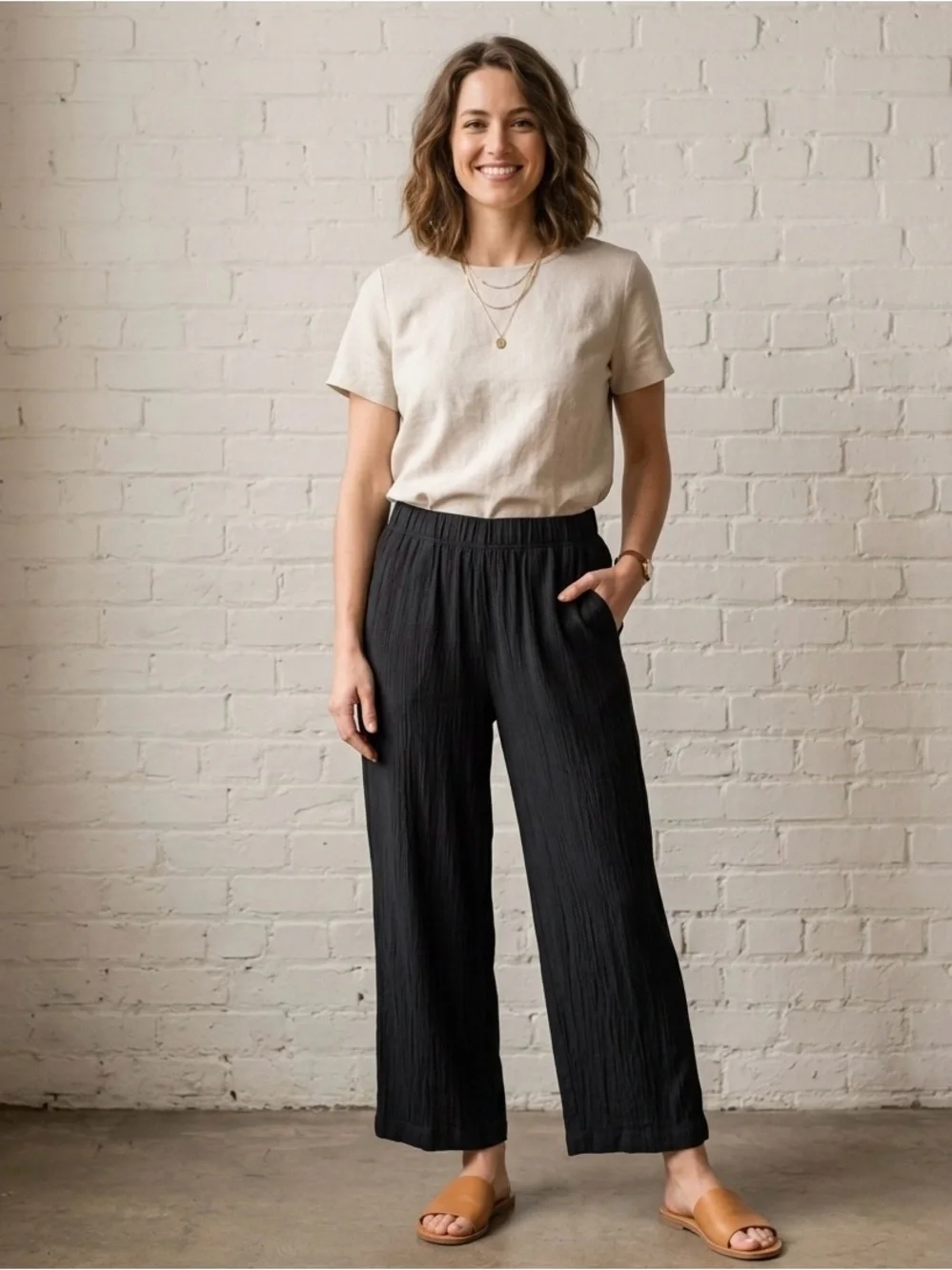 GAP Minimalist Wide Leg Trousers Black Crinkle Gauze Style Pull On Relaxed Fit